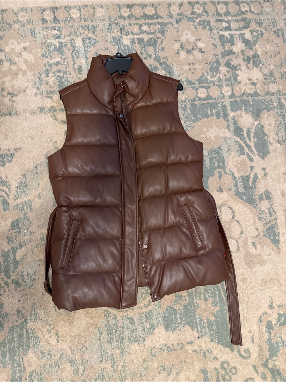 Quilted Brown Faux-Leather Puffer Vest with High Collar